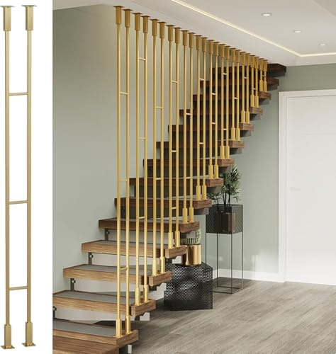 Moderne ringhiere – Elegante sistema di ringhiera per scale con balaustre in metallo e colonne quadrate per uso interno/attico, include montanti per soffitto/pavimento (oro 0,9 m)