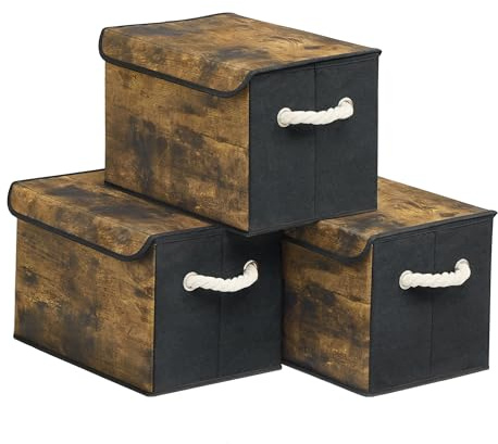 SONGMICS Aufbewahrungsbox mit Deckel, klappbar, 3er Set, 38 x 25 x 25 cm | Stoffboxen, Aufbewahrung, Organizer, Griffe, für Kleiderschrank, Tintenschwarz, TINA Kollektion RFB013BH01