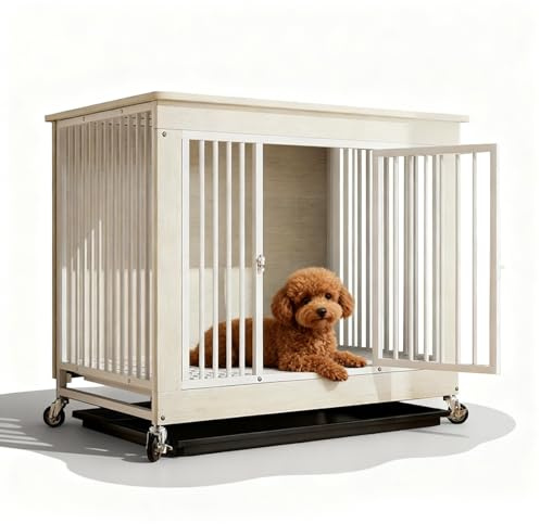 Hundekäfig Möbel, Holz Hundebox, Leise Universalrollen, mit Tablett, Moderne Stil Haustier Kiste Indoor, Erhältlich in 3 Größen für Kleine, Mittelgroße und Große Hunde (Weiß, S(80x52x77cm))