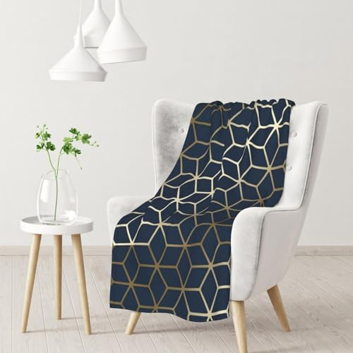 HDTVTV Coperta da letto in pile di flanella, calda e soffice, 'Tutte le stagioni', morbida, leggera, comoda, in microfibra, per interni ed esterni, morbida e soffice, colore: blu navy e oro
