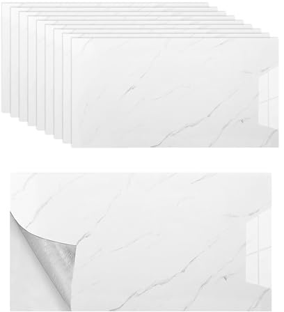 Paket med 10 klistermärken för kakel - Marmorlook - 60 x 30 cm - För kök, bakvägg i köket, badrum, vardagsrum - Vit