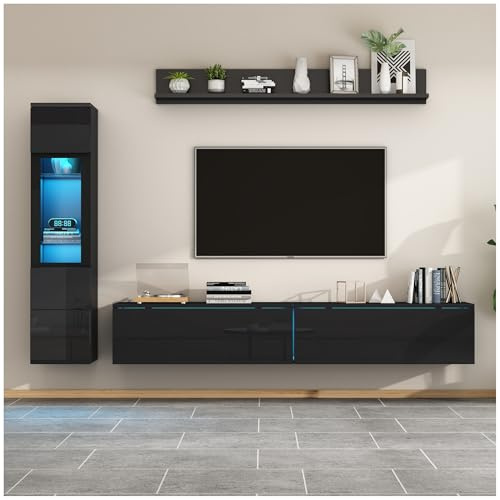 Wyibwy Mueble de TV negro brillante con iluminación LED, mueble de salón, soporte para TV, vitrina, estantes de pared, apto para televisores de hasta 80 pulgadas