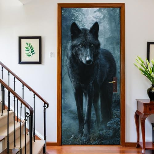 Türtapete selbstklebend Waldtier Wolf 100 x 200 cm Schwarz Türfolie Türaufkleber zum Verschönern der Tür