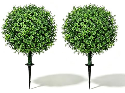 Uppsättning av 2 konstgjorda buktsbollar, 60 cm, bukträd, konstgjord växt med markspett, konstgjorda växter som riktiga konstgjorda blommor plastväxter för vardagsrum sovrum kontor trädgårdsdekoration