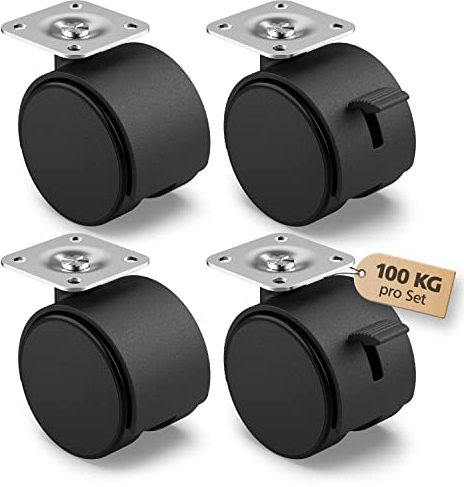 RAVN HAMAN Set di 4 Ruote per mobili 40 mm - Ruote piroettanti con freno fino a 25 kg per ruota - Ruote pivottanti per mobili da interno - Rotelle girevoli con bassa resistenza al rotolamento
