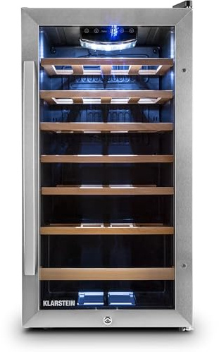 Klarstein Vivo Vino 26 - Wine Cellar, Refrigerator for Wine, Thermoelectric, 46 x 101 x 51cm, 36 Bottles, 118 l, Interior Lighting, Double Insulated Glass Door, 8 Removable Shelves, Silver