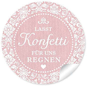 72 Sticker Lasst Konfetti für uns regnen Schöne Etiketten rosa mit romantischen Ornamenten und Herz für Konfetti-Verpackungen zur Hochzeit, Papieraufkleber 4 cm, rund, matt