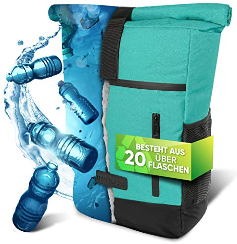 invilus ® - Rolltop Rucksack Damen und Herren aus Recycelten Plastikflaschen | Unirucksack | Laptoprucksack Mint | Tagesrucksack Damen | Türkis | Fahrradrucksack | Mintgrün