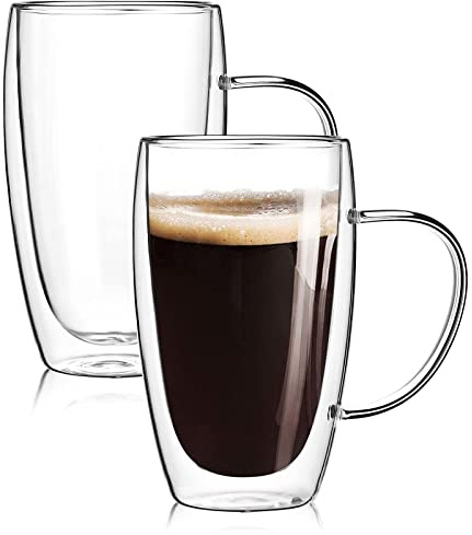 2-Pack 15 Oz Double Walled Glass Coffee Mugs with Handle,Large Insulated Layer Coffee Cups,Clear Borosilicate Mugs,Perfect for Cappuccino,Tea,Latte,Espresso,Hot Beverage,Wine,Microwave Safe