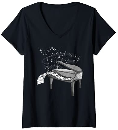 Damen Flügel Musik Noten Pianist Musikinstrument Piano Klavier T-Shirt mit V-Ausschnitt