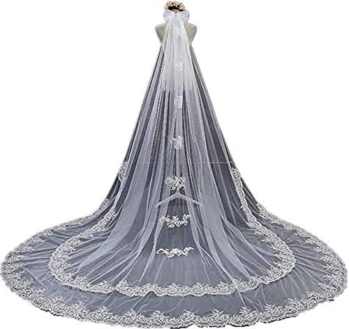 ABWYB 3M Elegante 2-Tier Brautschleier Weicher Tüll, Frauen Kathedrale Spitze Rand Brautschleier mit Kamm Schleppende Lange Applikationen Hochzeit Braut Haarschmuck Fotostudio Schleier,Weiß,3M × 3M