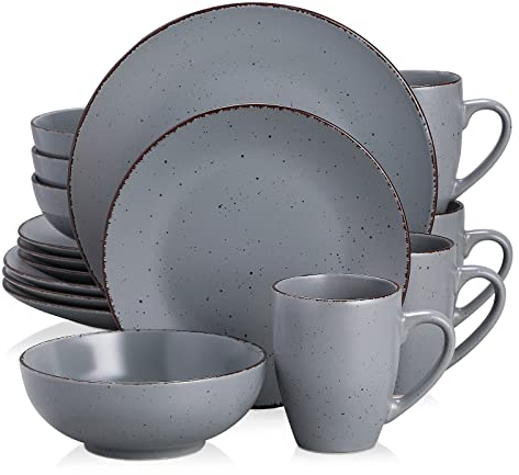 vancasso Moda Matte Dinnerware Set - 16 Pieces Dinner Set Grey Stoneware Crockery with 10.5in Dinner Plate, 8in Dessert Plate, 900ml Bowl and 360ml Mug, Service for 4