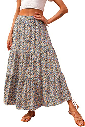 KIRUNDO Maxi Skirts for Women 2026 Summer Boho Floral High Waist Casual Flowy Long Skirt Beach Vacation Cruise Resort Wear(Navy, Large)