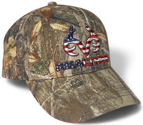 Realtree Patriotische Flaggenmütze, klassisch, vorgeformt, Schweißband, Snapback, 6 Panel, gesticktes Geweih-Logo und Markenzeichen, USA-Flaggenaufnäher, für Herren und Damen, Mütze, Camouflage