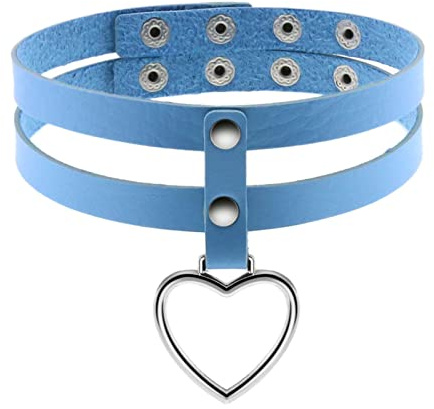 Flongo Tattoo Choker Leder Halsband Lederhalsband Damen Halskette mit Herz Nieten Anhänger Kette Schwarz Blau Pink Weiß Silber Gothic Punk Rock