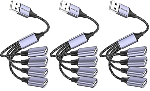 MOGOOD Splitter 1 zu 4, 4 Port USB 2.0 Y Kabel, 3 Pack, für Daten & Strom | USB Verteiler, Nylonkabel, 480 Mbit/s, 1.5A, Plug & Play, für Laptop, PC, Auto, TV, Xbox, U-Disk, Tastatur, Arbeit & Alltag
