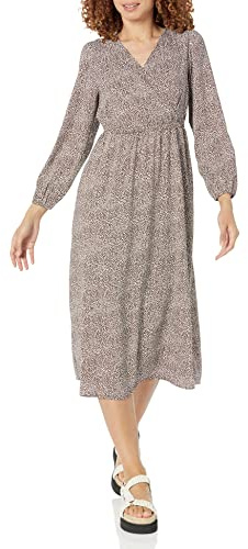 Amazon Essentials Abito Midi con Scollo a V a Maniche Lunghe in Georgette Leggero (Disponibile in Taglie Forti) Donna, caffè Leopardata, L
