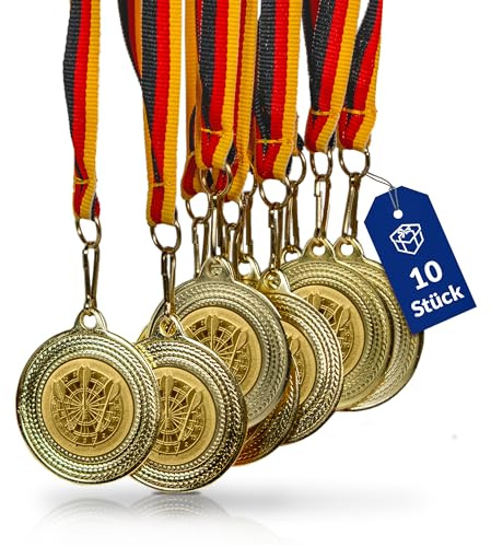 geschenke-fabrik.de Dart-Medaillen, 10er-Set, Metall, Deutschlandband | Golden zum Umhängen für Siegerehrungen, mit Emblem, für Vereine & Turniere