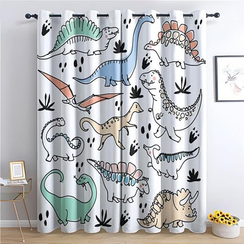 SZLYZM Dinosaurier Vorhänge Verdunklung svorhänge mit Muster Dino-Cartoon, Vorhang Blickdicht mit Ösen Gardinen Wohnzimmer Schlafzimmer Kinderzimmer Dekoration 2er Set - 160 x 132 (H X B)