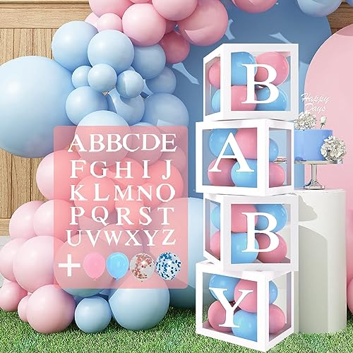Pink and Blue Balloons with Baby Box, Gender Reveal Balloons Arch with Confetti balloons, 4 Pcs Transparent Balloon Boxes, for Gender Reveal Party Supplies, Baby Shower Decoration, Christening