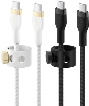 Belkin BoostCharge Pro Flex câble à gaine tressée USB-C vers USB-C, Certifié USB-IF, recharge Power Delivery, pour iPhone 16, 15, MacBook Pro, iPad Pro, Galaxy S24, Pixel, 1 m, pack de 2, blanc, noir