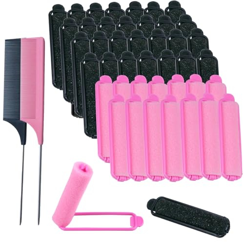 44 Pcs Foam Sponge Hair Rollers Set 0.59 Inch Flexible Hair Styling Sponge Curler Soft Sleeping Hair Curlers and Stainless Steel Rat Tail Comb Pintail for Hairdressing Styling(Black, Pink)