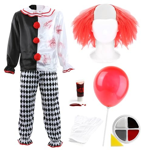 Herren Deluxe Killer-Clown-Kostüm – Medium – Clown-Top und Hose, rote Clown-Perücke, weiße Handschuhe, roter Ballon mit Stab, Gesichtsfarbe, Kunstblut – Erwachsenen-TV-Film, Halloween-Kostüm