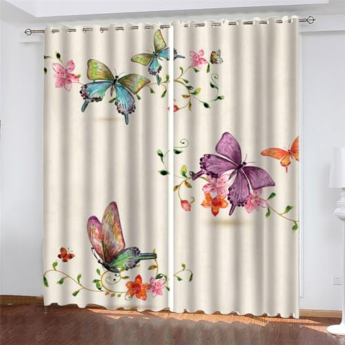 PLEETS Gardinen Wohnzimmer Verdunkelungsvorhang Schmetterlinge und Blumen Vorhang Blickdicht mit Ösen, für Schlafzimmer Kinderzimmer Wohnzimmer Dekoration 2 x B140 x H245cm