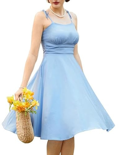 Belle Poque Summer Dresses for Women UK Spaghetti Strap A-Line Midi Sun Dress Cute Casual Dress with Pockets