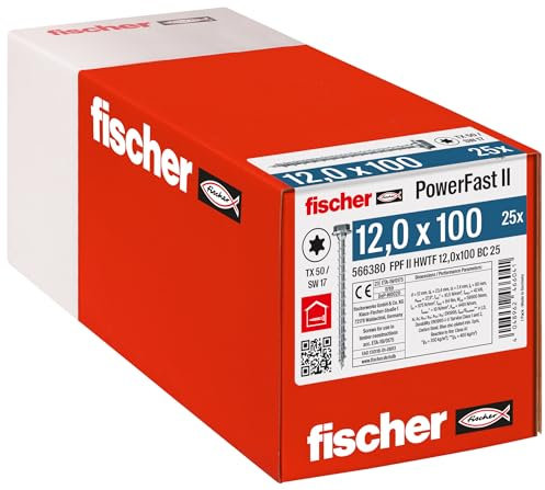 fischer PowerFast II HWTF 12,0 x 100, kraftvolle Holzbauschraube mit Sechskantkopf, Innenstern-Aufnahme und Vollgewinde, für den konstruktiven Holzbau, 25 Stk.