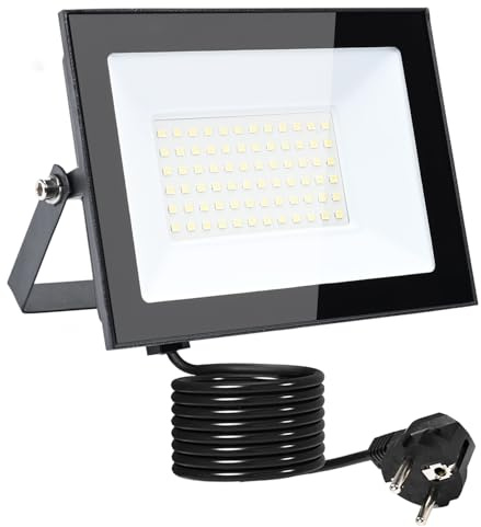MOLVCE Led Strahler Außen 50W 6000K Kaltweiß, Aluminium Superhell 4250LM LED Scheinwerfer mit Stecker und 3 Meter Kabel, IP66 Wasserdicht Außenstrahler für Garten, Parkplatz, Garage, Hof, Türen