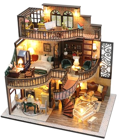 HIGSPE Miniaturas Maquetas DIY Kit, Casa de Muñecas de Madera con Muebles y Luces LED, Desván DIY Miniature House Puzzle 3D, Decoración de Escritorio, Regalo para Niño Adultos