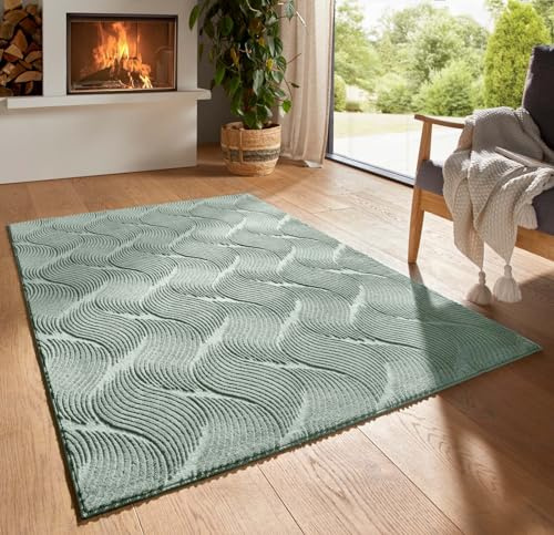 Taracarpet Kurzflor Boho Skandi Polyester Teppich in 3D Optik waschbar, pflegeleicht und robust ideal fürs Wohnzimmer, Schlafzimmer und Kinderzimmer auch als Badematte Grün Düne 140x200 cm