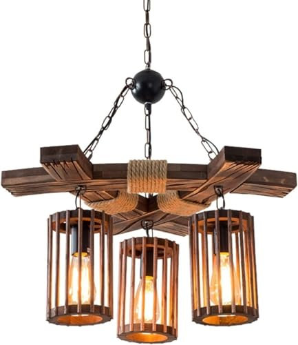 Modern Pendelleuchte Industrielle Vintage-Pendelleuchte aus Holz for Aufhängen, 3 Lichter, brauner Metall-Kronleuchter, Retro, höhenverstellbare Pendellampe, Glaslampenschirm for Billardtisch, Kücheni