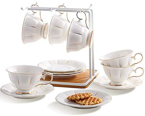 EPOTRDCV Ensemble de Tasses à café et soucoupes, Blanc Pur avec Bords dorés, Ensemble de Tasses à thé en Relief avec Soucoupe, Lot de 6