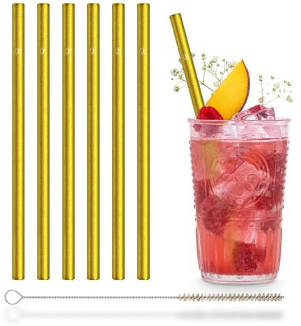 HALM Goldene Glasstrohhalme 6 Stück 20 cm in Gold für Party, Exklusiv Luxus + plastikfreie Reinigungsbürste - Spülmaschinenfest & Nachhaltig - Strohhalme aus Glas