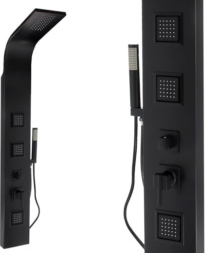 Steinkirch Duschpaneel 7801 mit Thermostat Duscharmatur Schwarz Matt aus Aluminium Regendusche Duschstange mit Duschkopfhalterung Regenduschkopf Dusche mit Körperdüsen Handbrause