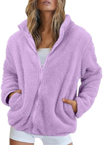 Manteau Très Long Veste Femme Chic Et Elegant Veste Hiver Femme Chaude Veste Sherpa Femme Veste À Capuche À La Mode pour Femmes Veste À Capuche Zippée en Peluche pour Femmes Violet XL