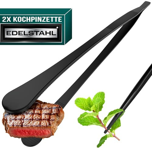 4happy Kochpinzette - 2 Stück Kochpinzette Edelstahl Set, runde Grillpinzette + spitze Küchenpinzette, Pinzette Küche 30 cm, zum Kochen, Braten, Dekorieren, Schwarz