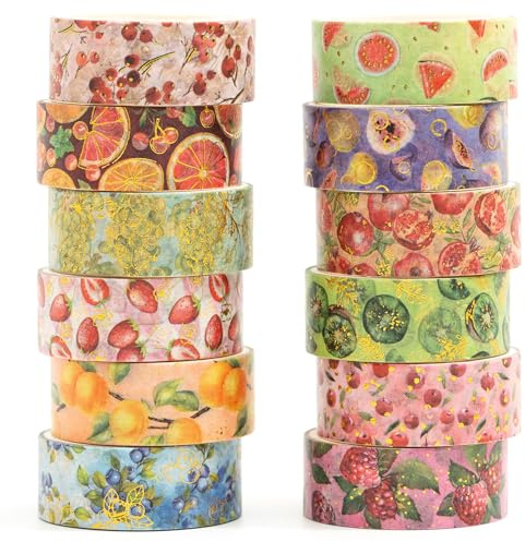 Songdao 12 rouleaux Washi Tape Set, Ruban Adhésif Décoratif Œuvre d’art inspirée Feuille d’or et d’argent Masking Tapes pour Arts, Bullet Journal, Scrapbooking, Bricolage, Emballage (Fruits Feast)