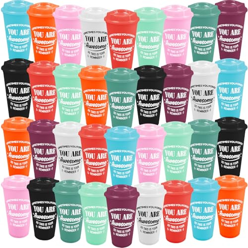 MSYU Lot de 36 tasses à café en plastique avec couvercle - Cadeau de remerciement - 470 ml - Cadeau de Noël inspirant pour enseignant, collègue, employé, collègue (couleurs vives)