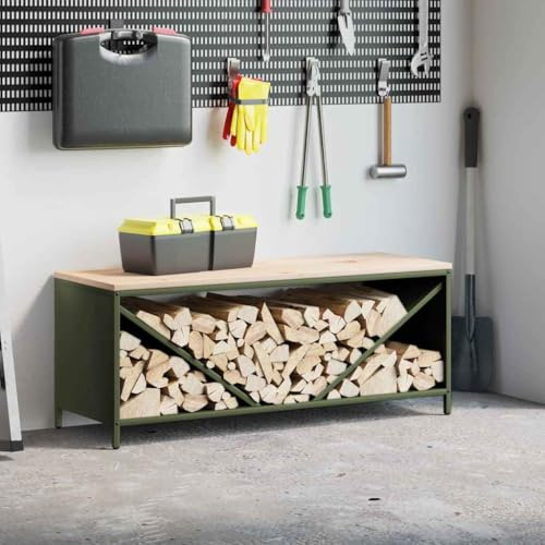 Gecheer Firewood Log Rack Metal Log Store Holder for Outdoor Indoor Metal Fireplace Wood Storage Shelf with Wooden Top Olive Green 100.5x35.5x40 cm