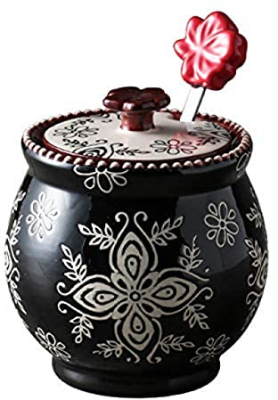 Sucrier rétro en céramique, pot à assaisonnement, pot à assaisonnement en céramique avec cuillère et couvercle, fournitures de cuisine - Noir