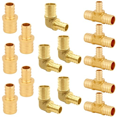 Uenede 15PCS LF Brass 3/4 to 1/2 Inch PEX Reducer Coupling Barb Crimp Pipe Tube Fitting Kit (5PCS Straight + 5PCS Elbow + 5PCS Tee)