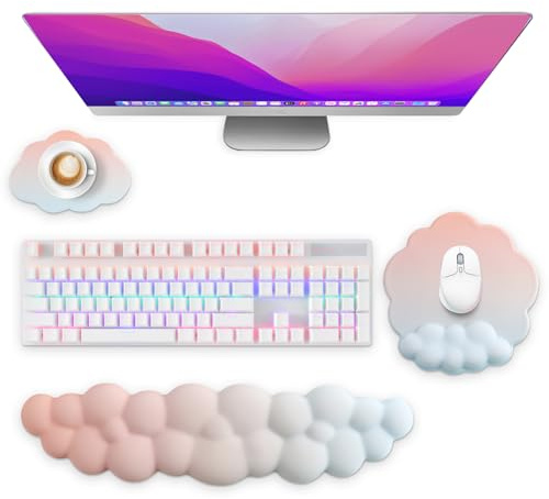 Votoko Cloud Repose Poignet Clavier Souris Avec Dessous De Verre, 3 En 1 Reposes-Poignets Ergonomique, Cuirn Synthétique, Mousse à Mémoire, Repose Poignet Nuage Pour PC Jeux Bureau Maison (Blanc)