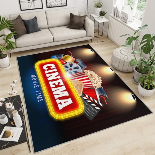FACADUP Vintage Cinema Big Rugs 180x240cm for Living Room Popcorn Movie Projection Equipment Rug Machine Washable Carpet for Classroom Bedroom Dining Room Corridor Conference Room