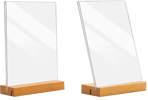 Bixury 2 Pezzi Porta Menu da Tavolo Espositore A4 Espositore Plexiglass A4 Porta Menu in Acrilico a Doppia Faccia con Base in Legno Forma di L&T 21 x 29,7 cm per Poster Foto Ristorante Matrimonio