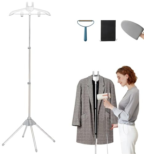 Perchas Para Plancha De Vapor, Soporte De Planchado Vertical Telescópico Plegable, Altura Regulable de 84 a 160 cm, Soporte Para Plancha De Vapor Vertical giratorio 360° con 3 Accesorios