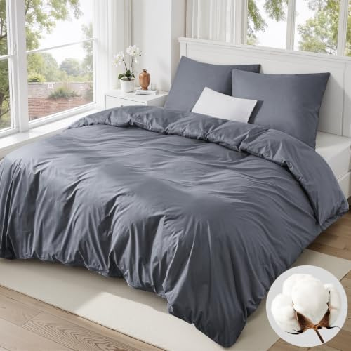 Duvetnova Bettwäsche 155x220 Baumwolle Grau,Bettwäsche Grau 1 Bettbezug 155x220 Baumwolle + 1 Kissenbezug 80x80 cm,ÖKO-TEX Bettwäsche-Sets 100% Baumwolle Einfarbig mit Reißverschluss