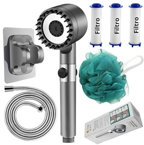 Alcachofa de Ducha con Manguera Inoxidable Antitorsión, 4 Modos de Spray, Cabezal Masaje Silicona, Ahorro de Agua- Ducha de Mano, Soporte+manquera y 2 filtros incluidos.